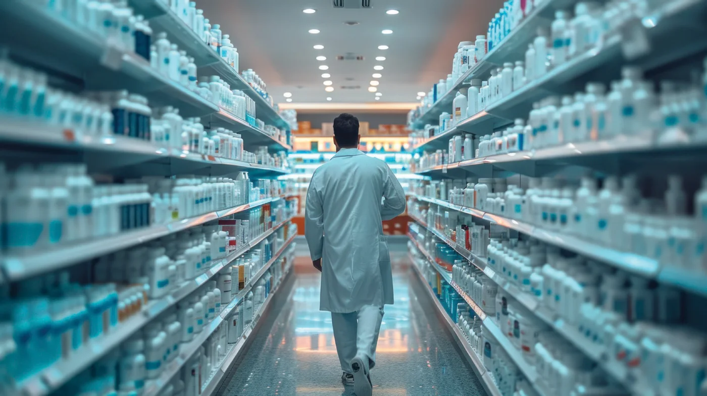 Pharmaceutical professional walking through a healthcare products aisle